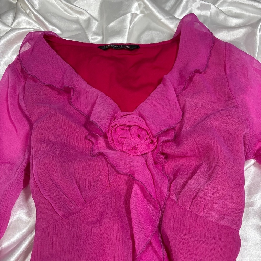 y2k romantic Ruffle Blouse Pink Draax Rose Applique Long Sleeve XS - Picture 4 of 5